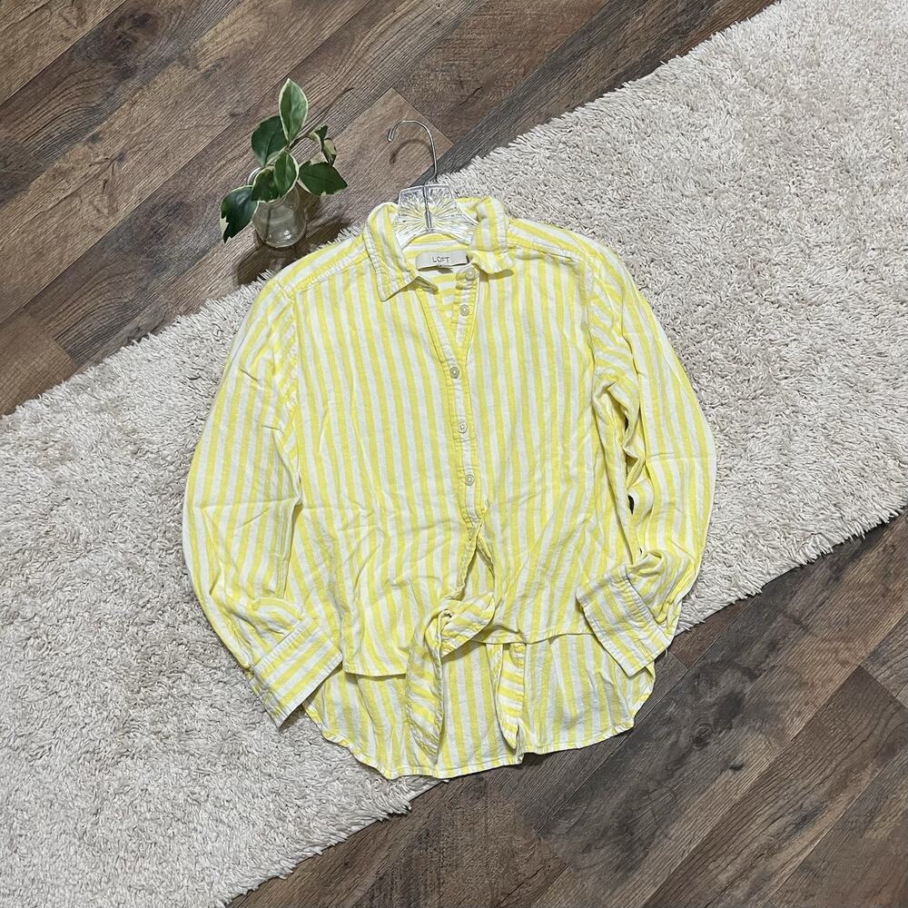 LOFT Size Small White Yellow Striped Button Down Tie Front Linen Blend Top
